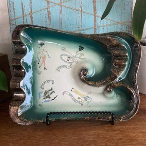 VTG MCM Teal & Gold Scroll Anthropomorphic Cocktails Cigar Cigarette Ashtray